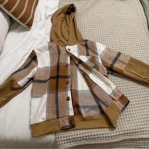 Plaid Hooded Cardigan with Button Front